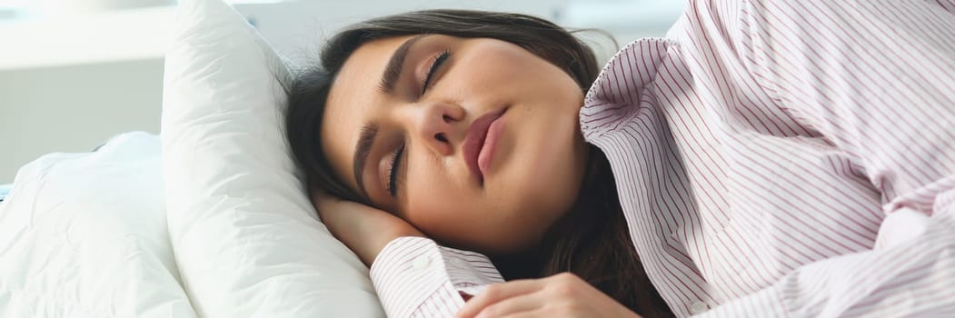 Portrait of beautiful woman sleeping serenely in bed. Calm healthy sleep concept