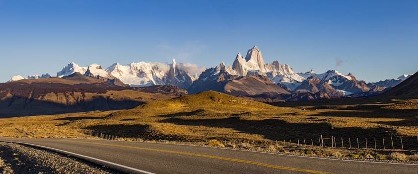 Mountain panorama at the Ruta 23 with mountain range Fitz Roy and Cerro Torre in the National Park Los Glaciares at the Argentinean-Chilean border, Patagonia, South America