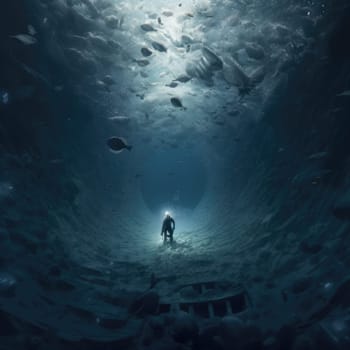 Man explores the depths of the ocean. The concept of the connection between man and marine life