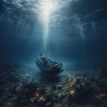 A ship in the depths of the ocean. The concept of man and the ocean