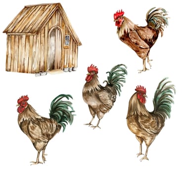 Watercolor wooden farmhouse and cock. Hand drawn illustration of a farm. Perfect for wedding invitation, greetings card, posters.