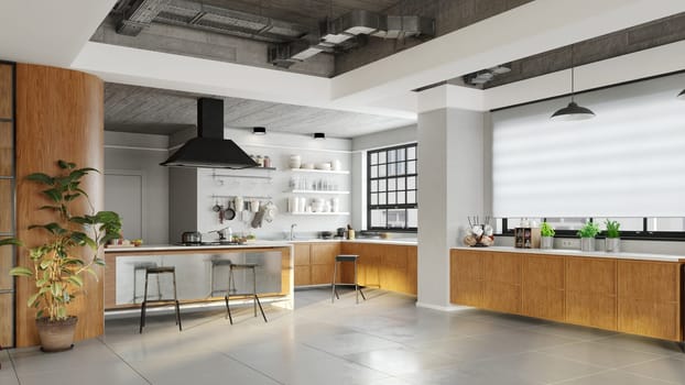 3D illustration of a modern apartment kitchen interior.