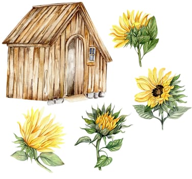 Watercolor wooden farmhouse and sunflowers. Hand drawn illustration of a farm. Perfect for wedding invitation, greetings card, posters.
