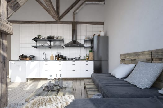 3D illustration of a modern apartment kitchen interior.