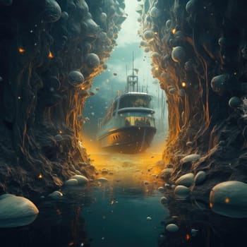 A ship in the depths of the ocean. The concept of man and the ocean