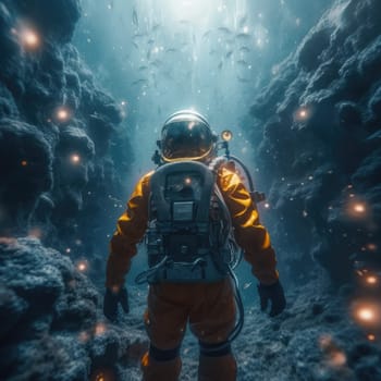 Man explores the depths of the ocean. The concept of the connection between man and marine life