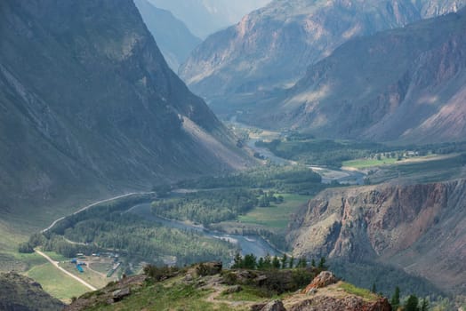 Valley of the river of Chulyshman. Altai mountains, Russia, beautiful summer day