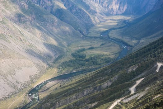 Panorama of the Katu Yaryk mountain pass and the valley of the river of Chulyshman. Altai Republic, Russia, beautiful summer day