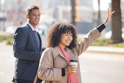 Woman, businessman and city to stop taxi for meeting, transportation and smile in street. Man, happy executive partnership and outdoor adventure in metro road for travel with hand sign for transport.