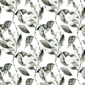 Watercolor and ink painting of tree branch with leaves, hand drawn art in sumi-e style - seamless pattern. Oriental traditional painting.