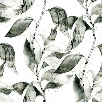 Watercolor and ink painting of tree branch with leaves, hand drawn art in sumi-e style - seamless pattern. Oriental traditional painting.