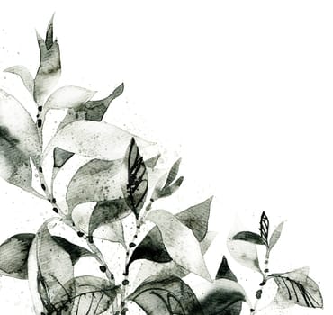 Watercolor and ink painting of tree branch with leaves, hand drawn art in sumi-e style. Oriental traditional painting.