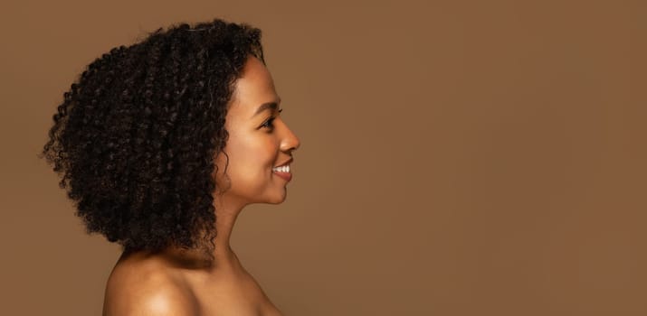 Beauty treatment. Cheerful smiling half-naked attractive young black lady with bushy hair looking at copy space for advertisement, isolated on brown background, side view, panorama