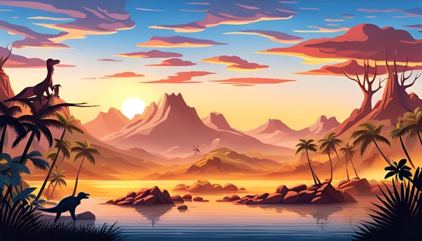 Fantasy colorful prehistoric desert landscape with lake and mountain by sunset - AI generated