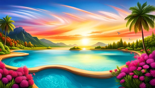 Fantasy colorful landscape with lake, flowers and palm tree by sunset - AI generated