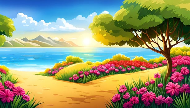 Fantasy colorful landscape with lake, flowers and tree by day - AI generated
