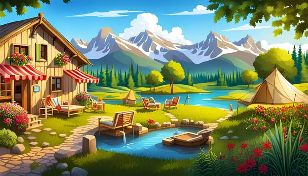 Fantasy colorful landscape with little house, garden and lake by day - AI generated