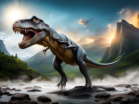Tyrannosaurus rex t-rex dinosaur roaring while walking in a prehistoric landscape - AI generated