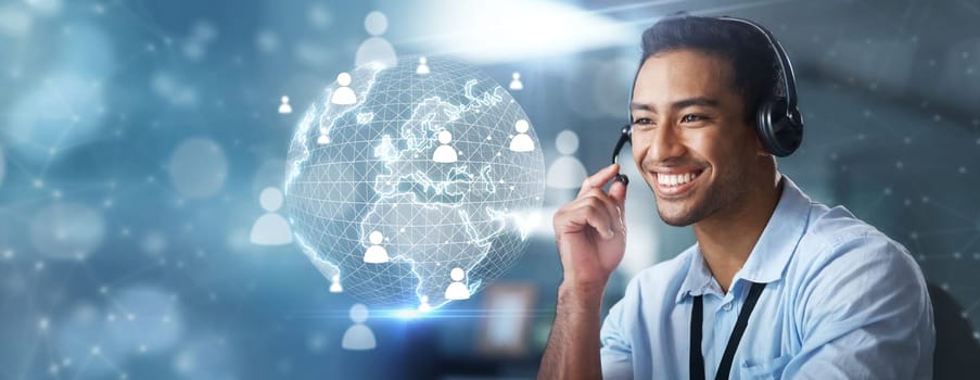 Contact us, overlay or happy agent in a call center helping, talking or networking online via microphone. Global hologram, man or consultant in communication at customer services or digital sales.