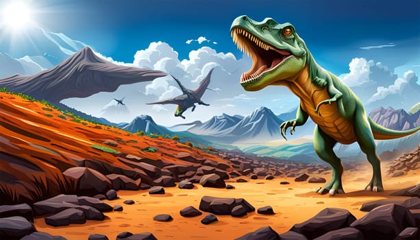 Tyrannosaurus rex t-rex dinosaur roaring while walking in a prehistoric landscape - AI generated