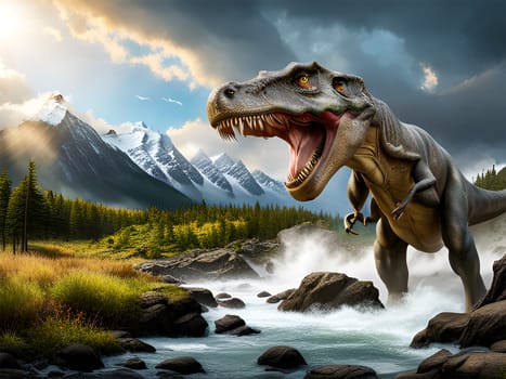 Tyrannosaurus rex t-rex dinosaur roaring while walking in a prehistoric river by day- AI generated