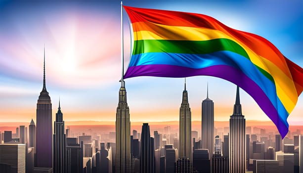 Gay pride rainbow flag upon a city and sunset - AI generated