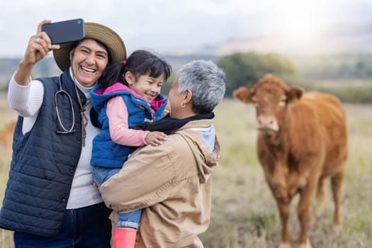 Farm, selfie and grandparents with girl in countryside for holiday, vacation and adventure on cow field. Agriculture, family and photo of child with grandma for relaxing on ranch, farming and nature.