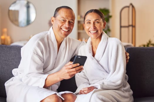 Senior couple at spa, portrait with smartphone and happy smile, wellness and commitment with romantic trip to luxury resort. Technology, phone and relax together, happiness and romance on holiday.