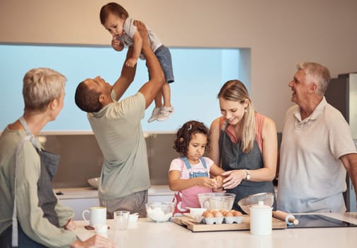 Generation family, cooking play together in family home kitchen for happiness, bonding and diversity. Mother, father and grandparents baking, girl learning with happy chef mom, dad and baby smile.
