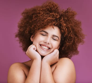 Woman, afro hair or face hands on isolated studio background in plus size wellness, curly growth or salon target goals. Smile, happy or beauty model and natural hairstyle texture on skincare backdrop.