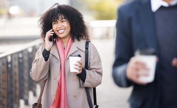 Happy, travel or business woman with phone call for contact us, schedule or networking in London street. Smile, 5g network or speaking on smartphone for strategy, communication or success planning.