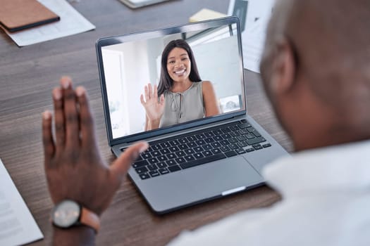 Video call, business people and laptop, communication and technology, hello during job interview with hr or virtual business meeting. Black woman, man and discussion, tech and video conference