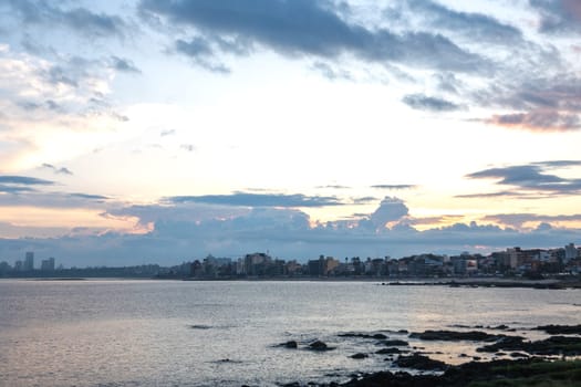 Sunset in the coastal street called Rambla in Montevideo capital of Uruguay