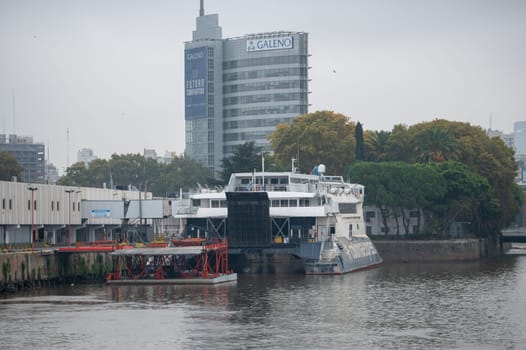 Buenos Aires, Argentina : April 21, 2023 : Colonia Express Terminal in the South dock of the port of the Autonomous City of Buenos Aires, Argentina in 2023.