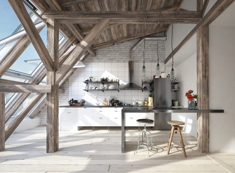 3D illustration of a modern apartment kitchen interior.