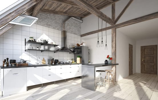 3D illustration of a modern apartment kitchen interior.