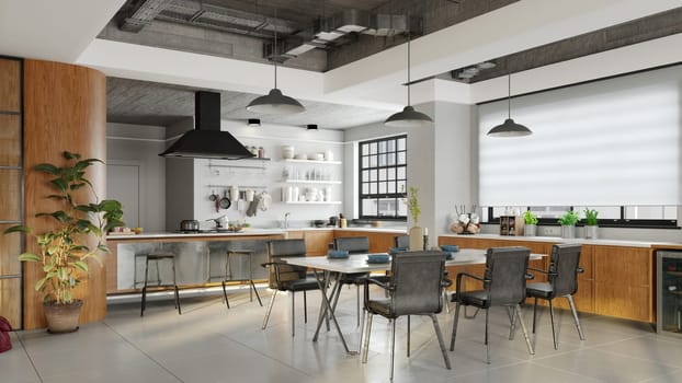 3D illustration of a modern apartment kitchen interior.