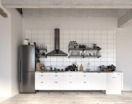 3D illustration of a modern apartment kitchen interior.