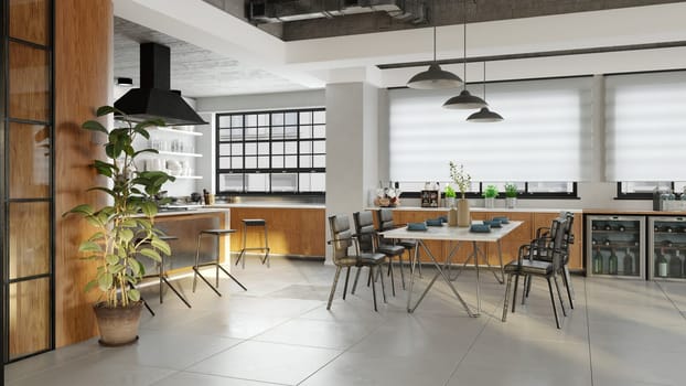 3D illustration of a modern apartment kitchen interior.