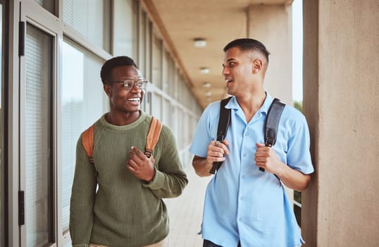 Talking, students and men, friends and education with university, chat and laughing together, wow on campus and study. Surprise, discussion and friendship communication, learning and happy outdoor.