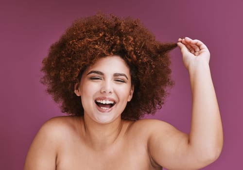 Woman, portrait or hair growth afro on isolated purple background in plus size success, curly progress or salon target goals. Smile, happy or beauty with natural hairstyle texture on skincare studio.