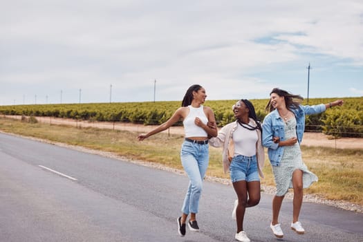 Freedom, mockup and friends on the street during summer for summer vacation or holiday together. Road, sky or fun and a female friend group feeling happy with a smile outdoor on asphalt for bonding.