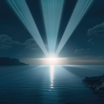 Dramatic dark sea and bright light from the lighthouse ahead