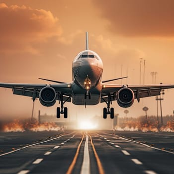 Front view of a passenger plane landing on the runway