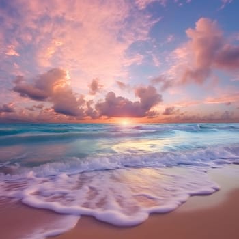 Sandy beach of the sea, sea foam, clouds and a beautiful sunset. Pink tone