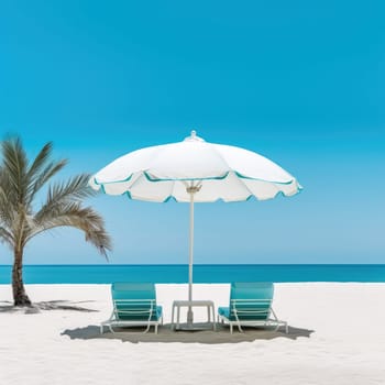 Two sun loungers under a large summer umbrella on a sandy beach by the sea