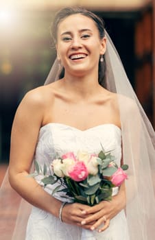 Beauty, fashion and portrait of a happy bride standing outdoor a church at a marriage ceremony. Romantic wedding, smile and beautiful married latino woman with a bouquet of flowers at event in dress.