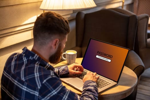 Cropped image of a young man working on his laptop in a coffee shop, rear view of business man hands busy using laptop at office desk, young male student enters a password on computer sitting at wooden table.