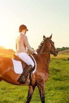 Young woman riding a horse on the green field. Horseback Riding. Competition. Hobby