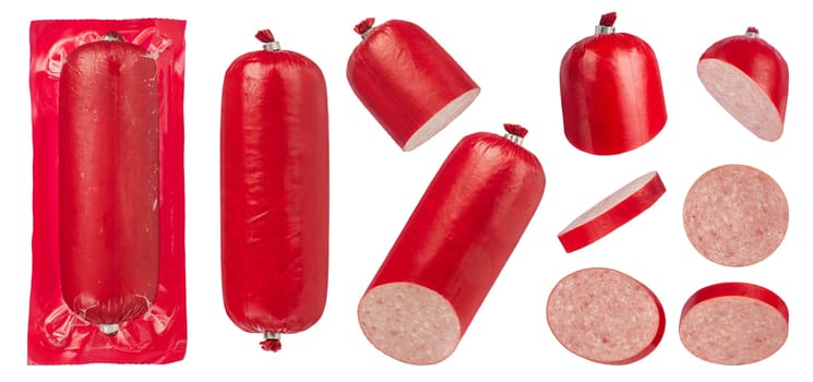 Sausage salami set on a white isolated background. A large set of hot smoked sausage salami, different ways of cutting. High quality photo